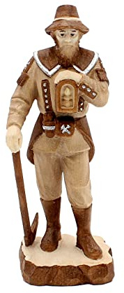 Dekohelden24 Handgeschnitzter Berghäuer/Bergmann mit Werkzeug und Lampe/Kerze, gebeizt, Höhe mit Sockel ca. 10 cm