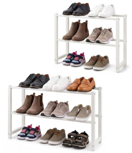 Hi-home Utdragbart skoskåp i 2 nivåer, liten, metall, justerbar, 100 % rostfritt stål, robust skohylla för garderob, hall, sovrum, entré, vit, 70 x 20 x 37 cm