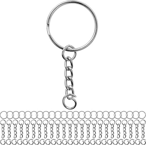 Portachiavi con catena a maglie e anello pieghevole, confezione da 24, nei colori argento, portachiavi Ø 25 mm, catena staccabile lunga 27 mm con anello aperto, per portachiavi, gioielleria