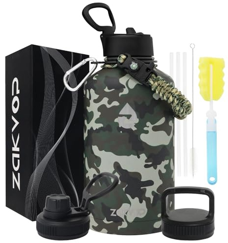 ZAKVOP Thermosflasche 2L mit Strohhalm,Trinkflasche Edelstahl mit 3 Deckeln | Paracord Griff,Doppelwandig Thermo Trinkflasche 2l,3 Deckeln,Thermoskanne mit Flaschenbürsten für Fitness,Sport,Camping