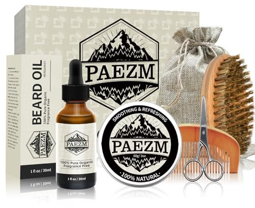 5 Piece Beard Grooming Kit for Men, including All Natural Beard Oil, Beard Balm with Sweet Orange Scent, Brush, Comb, Scissors, Storage Bag, Beard Care Set Christmas Birthday Father's Day Gift for Him