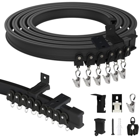 EFUTURETIME 5M Binario per Tende a Soffitto e Parete, Binario Tenda Flessibile in ABS con Pulegge Silenziose per la Separazione degli Ambienti, Tende, Caravan, Balcone, Ufficio, Nero
