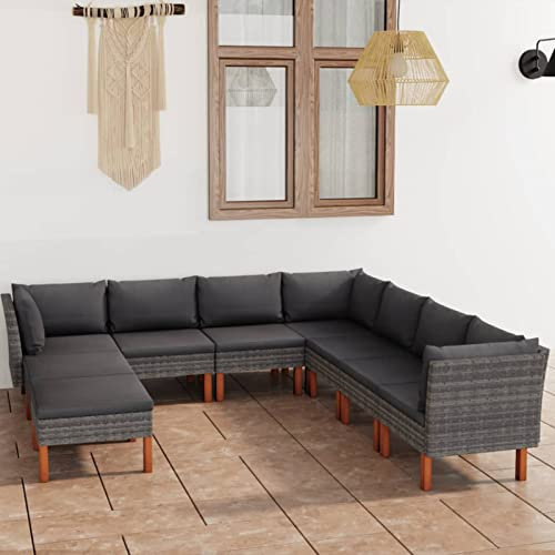 Homgoday 9-TLG. Garten-Lounge-Set mit Kissen Gartenmöbel Set Gartenlounge Sofa Balkon Lounge Sofa Ecksofa Garten Sitzgruppe Balkonmöbel Gartengarnitur Poly Rattan Grau