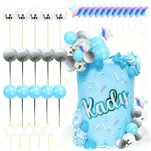 JeVenis Blue Disco Balls Cake Topper Dancing Queen Cake Topper 80s Cake Decorations Silver Blue Cake Decorations Disco Ball Cake Toppers