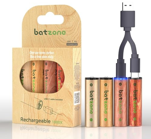 BATZONE Rechargeable AA Batteries 4 Pack, 2220mWh Lithium Batteries AA, 1.5 Volt Double AA Batteries, Cycle Times up to 1000+ with USB-C Charging Cable & LED Charge Indicator
