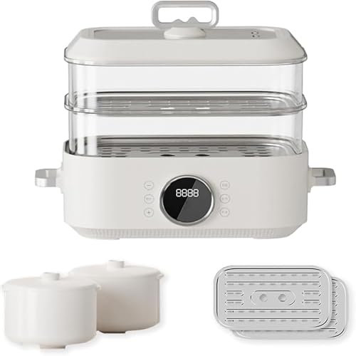 Elektrisk ångkokare, 1350 W, elektrisk ångkokare, 10 l elektrisk kastrull med 2 ångkokare i rostfritt stål, 24-timmarsreservation, för soppa, kammusslor, räkor, söt potatis