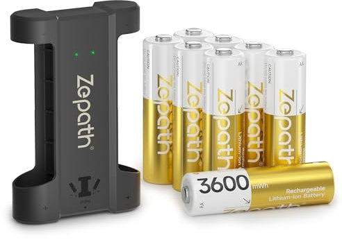 Zepath Lot de 8 piles AA au lithium rechargeables avec chargeur, 3600 mWh haute capacité 1,5 V, piles AA Li-ion rechargeables longue durée