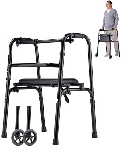 Telaio da passeggio pieghevole, deambulatore con altezza regolabile, ausilio per la deambulazione assistita pieghevole con ruote e poggiapiedi antiscivolo, deambulatore leggero pieghevole a 2 ruote