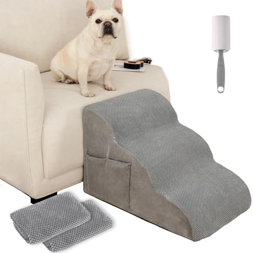 FURRYPAWS Hundetreppe - Gelenkschutz Design, Haustiertreppe für kleine Hunde, Hunderampe für Bett und Sofa, mit Lint Roller & Ersatzbezug, Rutschfestes Sicherheitssystem