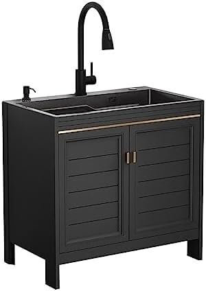 VUIKLCty Évier de Service autoportant Combinaison évier de Cuisine Noir et Armoire Évier de Service Évier de buanderie Combinaison Armoire(Pull Faucet,60x45x80cm)
