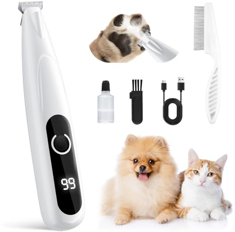 GlasFlength tass trimmer för hundar med LED-ljus, one touch-brytare hundklippare tyst tass trimmer trådlös bärbar hundtassar trimmer för tassar öron ansikte ögon (vit)