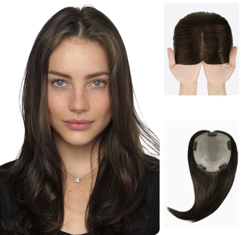 Zakya Echthaar Topper Damen - 15,2X16,5CM Basis Haartopper für Frauen - Toupet Damen 130% Dichte - 12 Inch Haarlänge - Dunkelbraun 2#