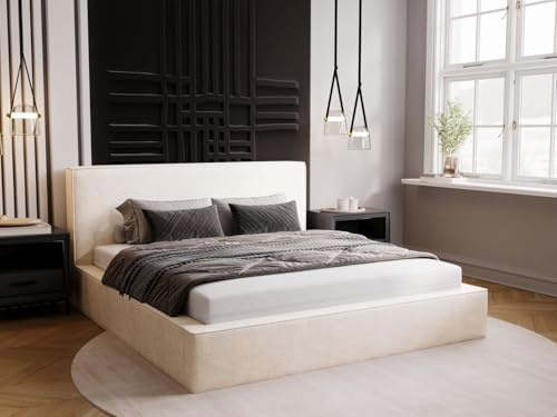 GRAINGOLD Monaco Bett 180x200, Polsterbett mit Bettkasten, Polsterbett mit Stauraum, Velour, mit Lattenrost, mit Kopfteil, ohne Matratze (Creme, 180x200)