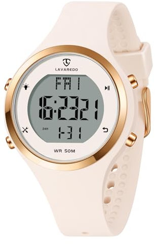 Orologio digitale da donna con display a LED, impermeabile fino a 5 atm, orologio sportivo da donna, orologio sportivo con sveglia/cronometro/luminoso/conto alla rovescia, Bianco sporco-oro rosa
