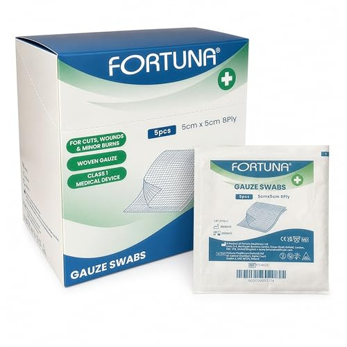 Fortuna Mulltupfer, 8-lagig, gewebte Wattepads für Wundreinigung, Erste Hilfe, Verbrennungsverband und medizinische Verwendung, 20 Packungen mit je 5 Stück, weiche, saugfähige, nicht klebende