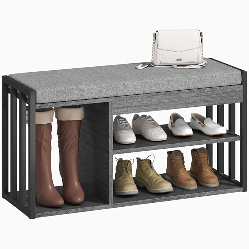 HOMCOM Schuhbank Gepolsterte Sitzfläche 3 Fächer 86 x 30 x 45,4 cm Grau