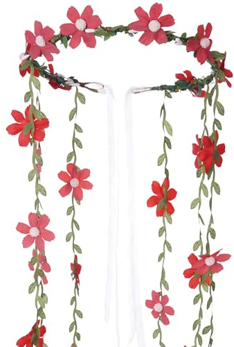 KorViSHOW Fairy Flower Crown Headpiece, Boho Daisy Floral Headband, Red, 1 Count (Pack of 1) | Handmade Forest Woodland Vine Flower Crown for Women