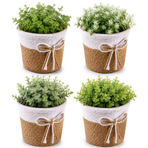 Supvox 4 Stück Geflochtene Blumentöpfe aus Papierseil Rund 10,5x9 cm, Wasserdichter Pflanzkorb Übertopf für Zimmerpflanzen und Künstliche Blumen