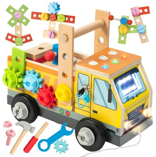 Nene Toys Camión Taller Busy Board Montessori – Herramientas de Juguete, Caja de Herramientas y Banco de Trabajo de Madera FSC® con 3 Interruptores LED, Llave y 8 Modos, Arrastre 2-6 Años
