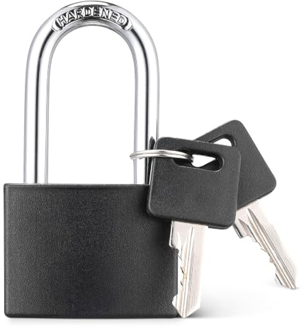 Amazon Basics Long Shackle Padlock with 2 Spare Keys, for Gates, Lockers and Chains, Vinyl-Coated Steel, 1.6 in. (4.3 cm) Width, Black