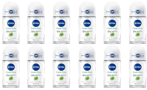 12x NIVEA Fresh Pure Deo Roll-On Deoroller mit Jasminduft,Deodorant ohne Aluminium (ACH) und Ethylalkohol Schutz und Pflege, Derma 48h Aktiv-Schutz 50ml (12er Pack)