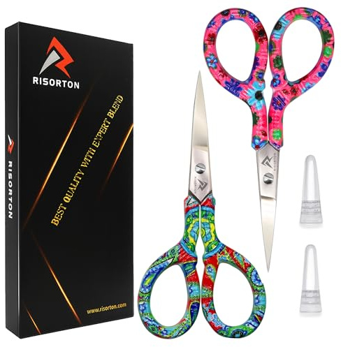 2 Piece Small Embroidery Scissors Set – Ultra Sharp Precision Craft Scissors with Wide Comfortable Grip, Fits Most Finger Sizes, Stainless Steel Blades with Safety Caps for Sewing, Quilting, Crochet