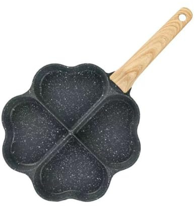 HOMSFOU Poêle à Œufs Multifonction en Pierre de Maifan, Poignée en Bois Anti-brûlure, 4 Compartiments Forme Trèfle et Cœur, Poêle Antiadhésive Cuisine, Accessoires de Friture Pratique