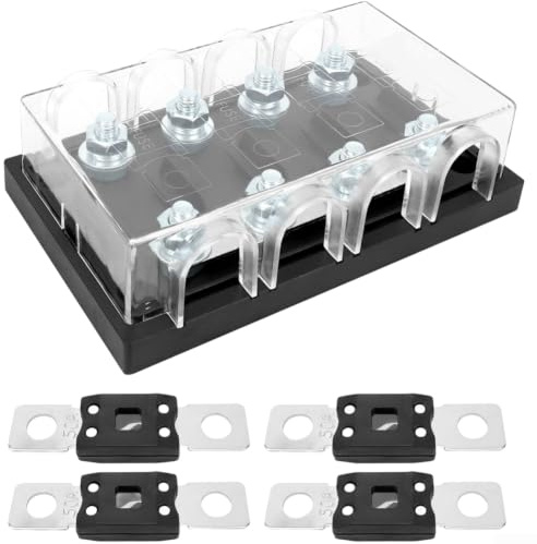 4-Wege-Sicherungskasten Mit Kupfersammelschiene Und Transparenter Abdeckung, 50A Sicherungshalter Aus Nylon Und Edelstahl Für Auto, LKW Und Marine-Elektriksysteme(50A)