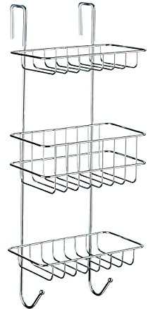 WENKO Duschregal Mod. Revigo, Badezimmerregal zum Einhängen an die Duschkabine mit drei viereckigen Ablagen in offenem Drahtkorb-Design, befestigen ohne Bohren, aus Stahl, 22,5 x 57 x 18,5 cm, Chrom