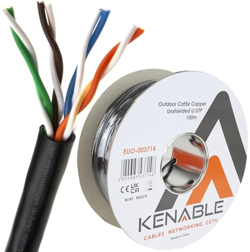 kenable Cable de Red Ethernet CAT5e Exterior Cobre Puro 24AWG Bobina 100m Negro UTP Resistente UV Impermeable