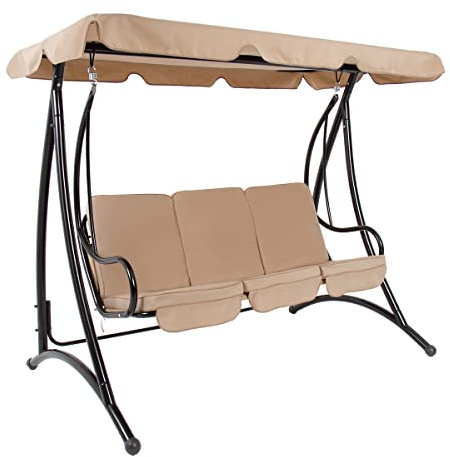 CHARLES BENTLEY 2-3 Seater, Garden, Patio, Outdoor, Swing Seat Hammock Chair, Beige, Black Frame Weatherproof, Swinging Function, Thick Seat, Back Cushion, Steel Frame, Easy To Use (119x201x170cm)