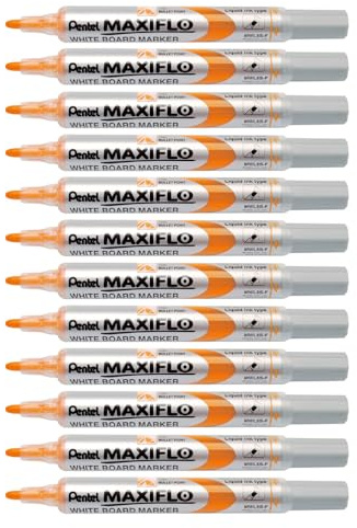 Pentel - Marcador Maxiflo para pizarra blanca de punta media. Color naranja. - Pack de 12