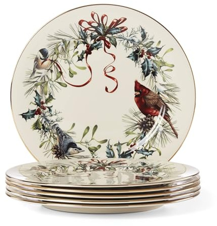 Lenox 835219 Winter Greetings 6-Piece Dinner Plate Set, 10.75', Christmas Drinkware, Holiday Hosting