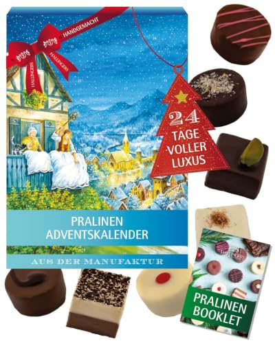 Hallingers Genuss Manufaktur Pralinen Adventskalender - ohne Alkohol, handmade aus Confiserie-Edelkakao in wertigem Softfeel-Karton Frau Holle, Weihnachtskalender für Frauen Männer