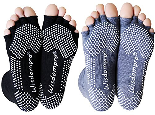 wisdompro Lot de 2 paires de chaussettes de yoga sans orteils pour homme et femme, antidérapantes pour Pilates, barre, ballet