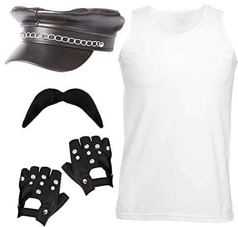 Adults 80s Rockstar Costume - XXXLarge - White Vest Top + Black Fingerless Gloves + Black Moustache - 1980s Pride Musician Rock Star Fancy Dress Costume
