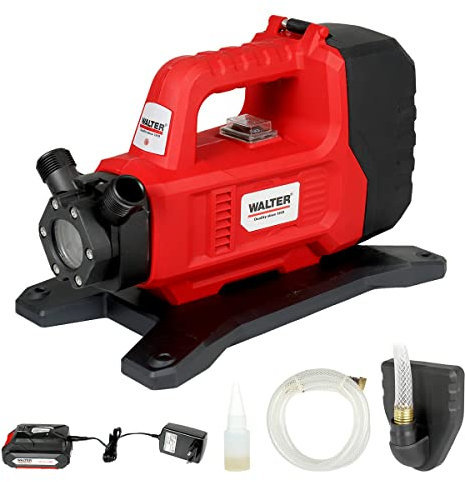 WALTER 18V Li-Ion Akku-Gartenpumpe – Leicht, Tragbar und Leistungsstark mit 1300 l/h Fördermenge, Integrierter Akkuanzeige und Umfangreichem Zubehör für Flexible Gartenbewässerung, Förderhöhe max. 14m
