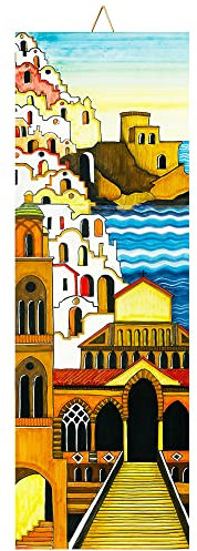 Baldosa cerámica cm. 10x30 con Impresión de un Paisaje de la Costa de Amalfi, Paisaje del día de Amalfi, Azulejo Ornamental para Colgar.
