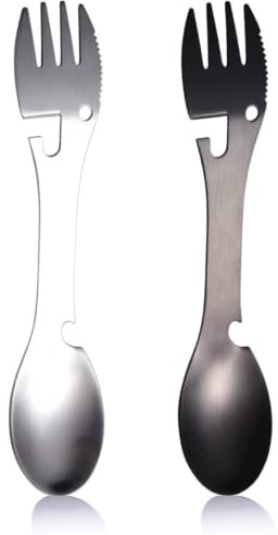 Crethinkaty 2 Stück Edelstahl Utility Camping Göffel Multifunktional 5 in 1 Outdoor Löffel Gabel Flasche Dosenöffner Camping Besteck Reise Funktionelles Essen Multi-Tool
