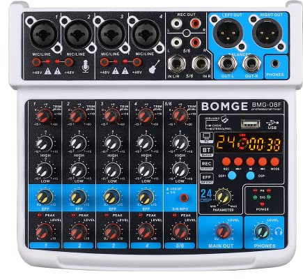 BOMGE Mini Mixer Audio DJ a 6 Canali con Interfaccia MP3 USB, Registrazione Stereo Bluetooth, Alimentazione Phantom 48V, DSP 99 per lo streaming di performance karaoke