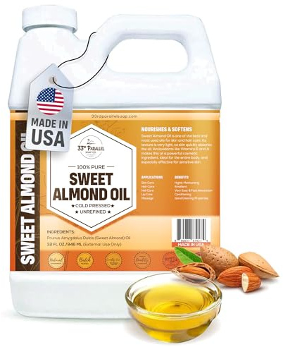 ORGANIC SWEET ALMOND OIL (32 oz) Premium Cold Pressed Unrefined | 100% Pure Sweet Almond Oil for Skin, Face, Hair, Soap Making | Carrier for Essential Oils | Available in Bulk | 32 FL OZ