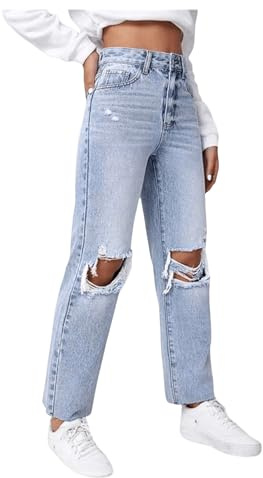 SweatyRocks Women's High Waist Ripped Distressed Cropped Jeans Straight Leg Denim Pants Light Wash L