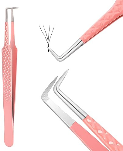 Pince à épiler pour extensions de cils, pince à épiler de haute précision à 90 degrés, pince à épiler à pointe nano fibre, pince à épiler professionnelle pour extensions de cils (rose)
