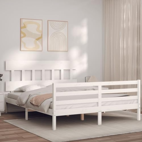 ZQQLVOO Bettgestell Familienbett Palettenbett Massivholzbett mit Kopfteil Weiß 160x200 cm