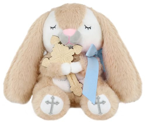 Lapin en peluche de prière avec croix en bois pour baptême, jouet en peluche pour nouveau-né, garçons et filles. Confort durable. (Bleu)