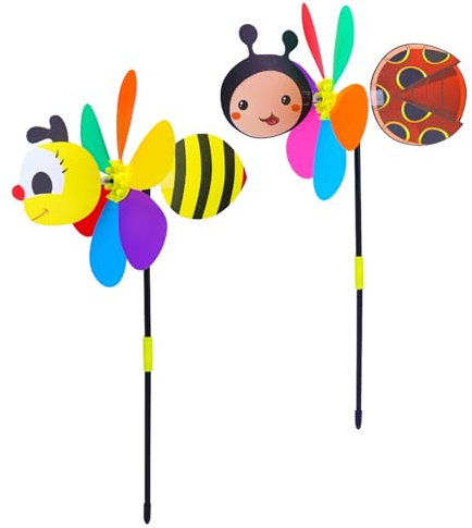 LEMONSTONE Windrad Kinder, 2 Stück Windräder Tiere, 3D Windmühle, Windrad Biene und Marienkäfer, 54cm Windrad Garten, Windräder Spielzeug für Deko Garten Balkon Terrasse, LW2137
