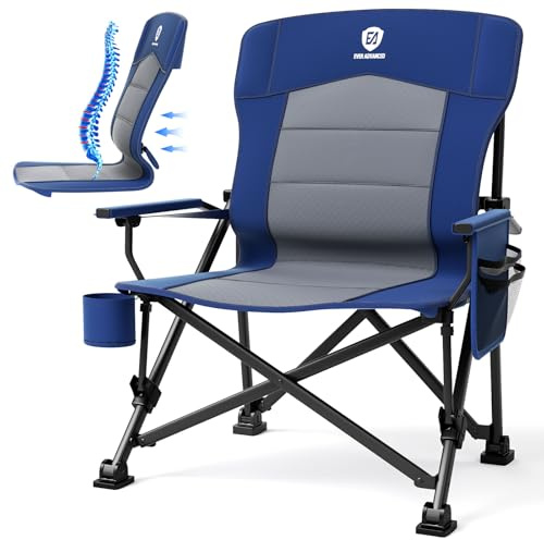 EVER ADVANCED Campingstol, vikbar 230 kg, lastbar XL, ländryggsstöd, fällstol, 62 cm, sittbredd med sidoficka, mugghållare, överdimensionerad vikbar stol, fiskestol för camping, utomhus, balkong,