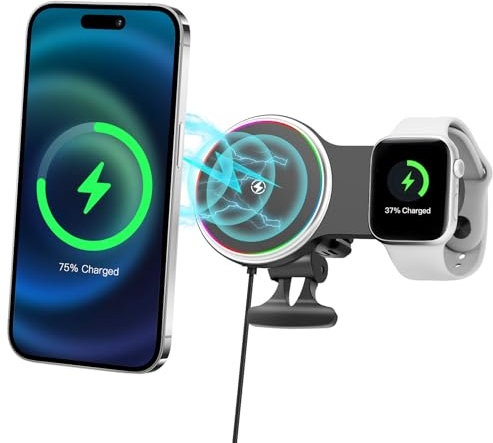 2-in-1 Ladegerät, Autohalterung, Kabelloses Handyhalterung Auto Magnet, 15W Fast Wireless Car Charger Handyhalterung KFZ Ladestation, Schnellladegerät für iPhone 16/15/14/13/12&iWatch