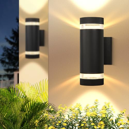 YICALE Outdoor Wall Lights Mains Powered 2PCS,LED Up Down Outside Light 3000K IP65 Waterproof Front Door Light,Aluminium Porch Lights Outdoor,GU10 Round External Wall Lamp for Patio,Garden,Terrace