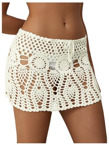 MakeMeChic Women's Crochet Cover Up Skirt High Waist Drawstring Knit Swimsuits Boho Swim Skirts Beige Small